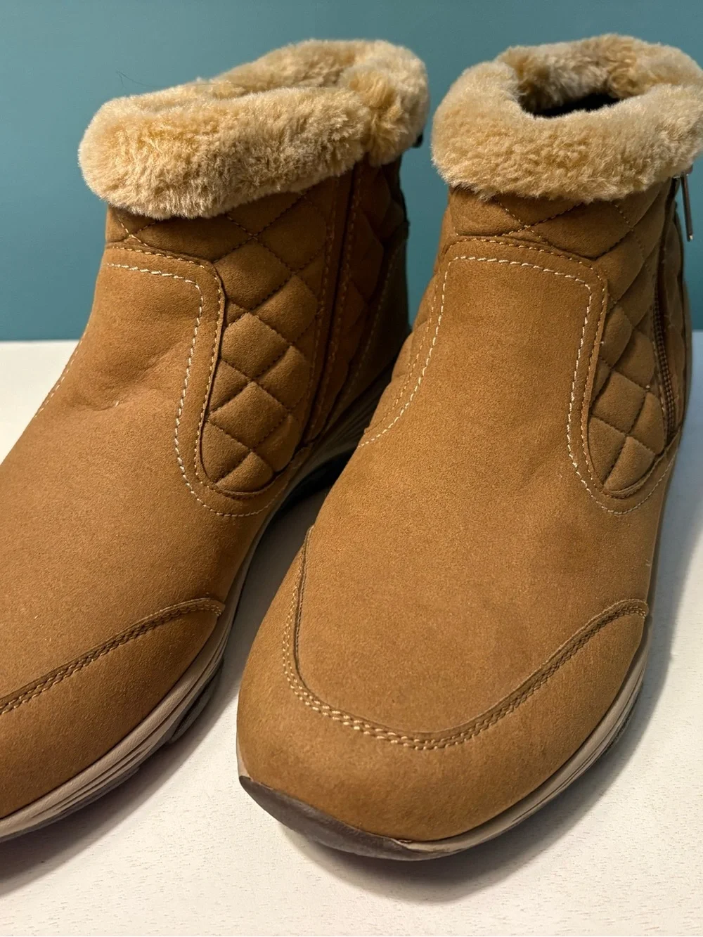 Cozy Quilted Faux Fur Ankle Boots - Camel